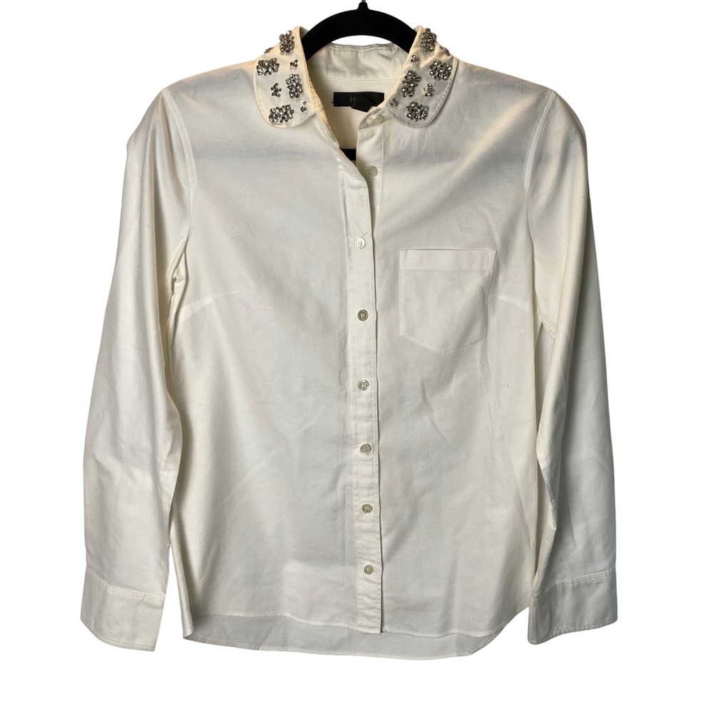 J.Crew Button Down Shirt Women 0 White Embellished Collar Cotton Preppy Academic